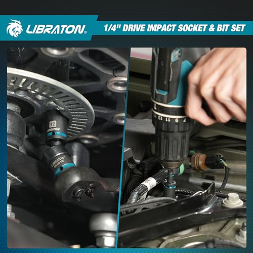 LIBRATON 71PCS 1/4 Impact Socket Set, Complete SAE & Metric Socket & Bit Set, Impact Ready Drive Socket Kit with 90-Tooth Ratchet & Spinner Handle for Drill & Impact Driver, Automotive Repair Tool Kit