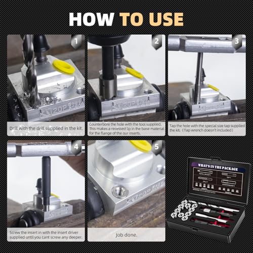 M8X1.25 Metric Thread Repair Kit with Insert HSS Drill, Tap, Installation Driver, Counterbore, Two Sizes Stainless Steel Insert 5PCS 11.7MM and 5PCS 16.2MM