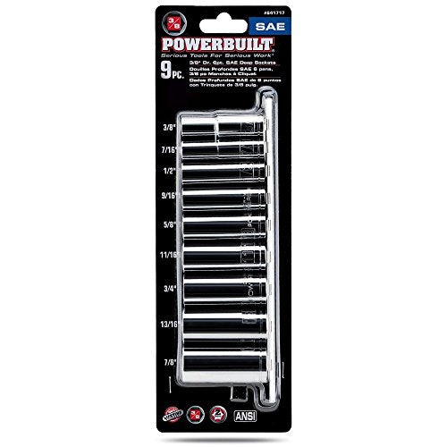 Powerbuilt 9 Piece 3/8-Inch Drive SAE Deep Socket Set, Sizes 3/8-Inch to 7/8-Inch, 6-Point Z-Drive, Chrome Vanadium Steel with Storage Rail - 641717 - size: SAE, style: 9pc(Deep)