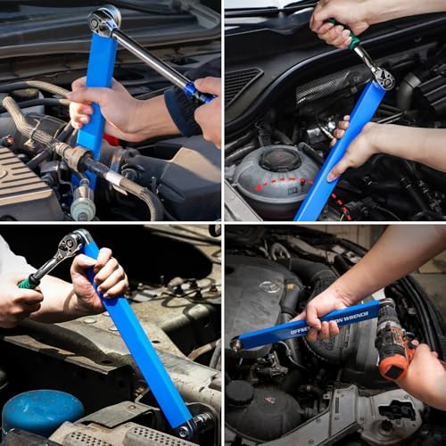Offset Extension Wrench, Zero Degree Ratchet Extension Set Impact Ready Socket Wrench Extender Tool with 1/2", 1/4", 3/8" Drive Adapters and 1/4" Socket for Tight Place (Blue) - color: Blue