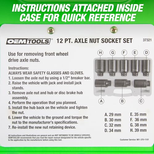 OEMTOOLS 37321 8 Piece 1/2 Inch Drive Axle Nut Socket Set, 12 Point Set, 29mm, 30mm, 32mm, 34mm, 35mm, 36mm, 38mm, and 39mm Socket Set with Case - style: 12 Point
