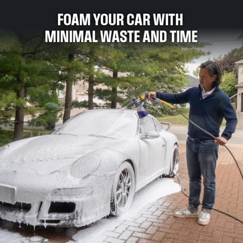 Active Foam Cannon with ¼ inch quick connector for Electric and Gas Pressure Washers. Wide-mouth bottle and variable spray to generate thick snow foam spraying for home DIY car wash & detailing (JH70)