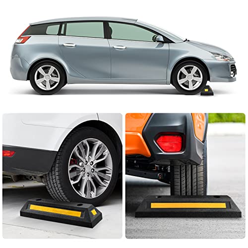 Car Stoppers for Garage, 2 Pack Heavy Duty Rubber Parking Stopper with Expansion Bolts, Reflective Garage Wheel Stop Parking Aid for Cars, SUVs, Trucks