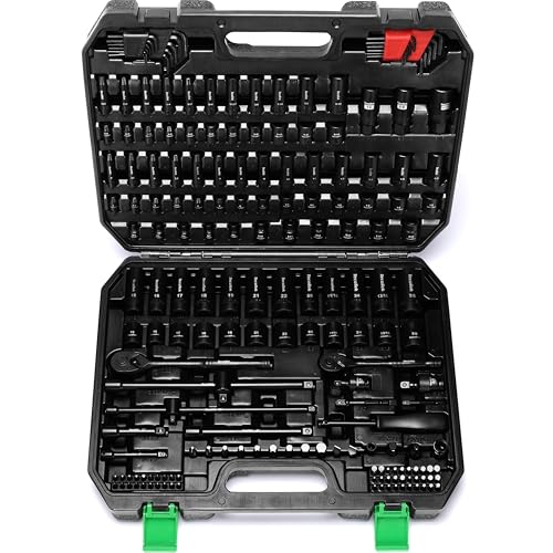 TecoTek 1/4" & 3/8" Dr. Impact Socket Set, 189 Piece Socket Wrench Set Mechanic Tools, Metric and SAE Full Set, CR-V, Deep & Shallow Socket with Ratchet Handle, Spark Plug Socket, Bits for Mechanic - size: 189-Piece 1/4" & 3/8" Drive Socket Set
