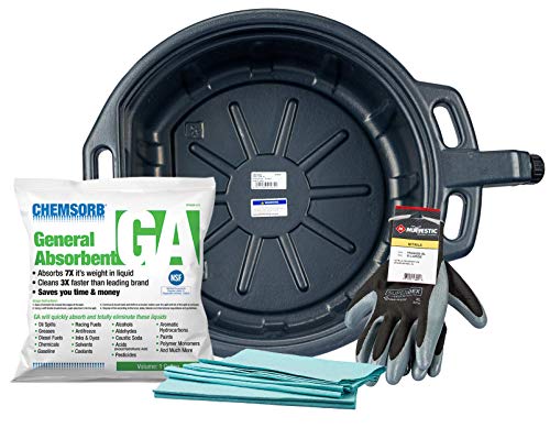 Groz No-Mess Oil Change Kit, 4.25 Gallon Drain Pan with Anti-Splash Lid and Baffle, Nitrile Gloves, 1 lb Chemsorb Absorbent, 2 Shop Towels (SP30GA-OC1)