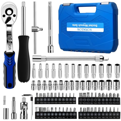 82-Piece 1/4" Drive Sockets with 72-Tooth Ratchet Wrench Set, Metric Shallow and Deep Sockets 4-14mm, 44 Bits, Flex Extension, Universal Joint, Storage Case - size: 82-PCS 1/4" Socket Ratchet Wrench Set