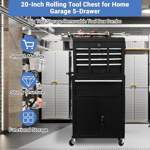 5-Drawer Rolling Tool Chest with Wheels and Locking System, Portable Tool Cabinet for Garage, Workshop, Mechanic, Heavy Duty Tool Box with Drawers, Detachable Storage for Home and Shop, Black - style: 5-Drawer Tool Box
