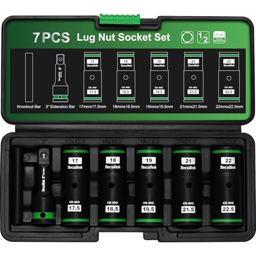 TecoTek 7PCS Lug Nut Socket Set, 1/2” Impact Thin Wall Flip Socket, Half Size Wheel Socket Set, Metric, 6 Point, 3" Extension Bar & Knockout Bar, 17.5mm, 18.5mm, 19.5mm, 21.5mm, and 22.5mm - size: Half Size Metric