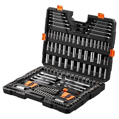 VEVOR Mechanics Tool Set, 205 Pcs SAE and Metric Sockets, 1/4" 3/8" 1/2" Drive Deep and Standard Sockets, Chrome Vanadium Steel, Polyethylene - size: 1/4"&3/8"&1/2", style: NEW 205 PC