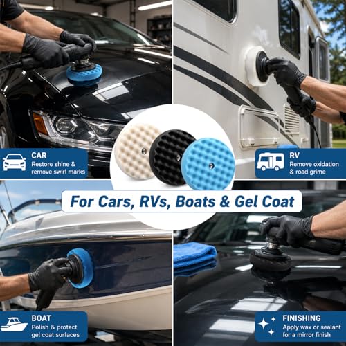 Marsui 3 Pcs 8 Inch Foam Polishing Pad Double Sided 5/8-11 Thread Waffle Buffing Pads for Auto Detailing, Paint Repair, Waxing, and Scratch Removal