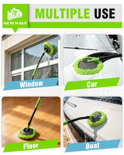 METOWARE 15° Curved Car Wash Mop, 47" Long 3-Section Sturdy Iron Pole | Scratch-Free Chenille Microfiber Soft Duster Mitt, Car Cleaning Supplies Kit for SUV, Truck, Boat, Window