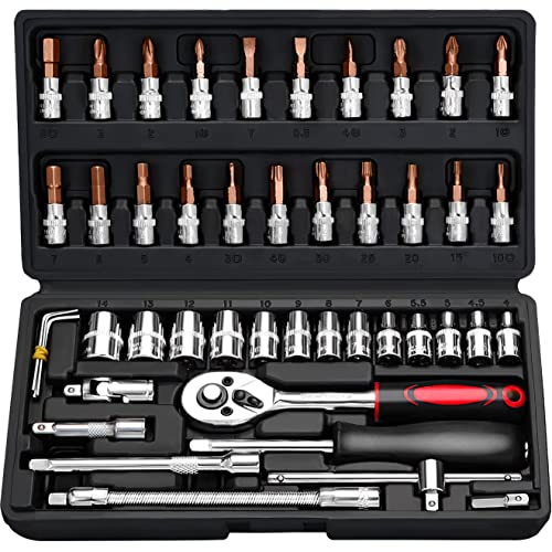 46 PCS Socket Wrench Set, Mechanic Tool Kit Quick-release Ratchet, 1/4" Drive Bit Metric Combination Tools for Auto Repairing & Household with Storage Case