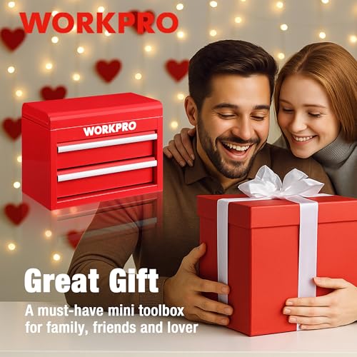 WORKPRO Metal Mini Tool Box with 2 Drawers and Top Storage | Cold Rolled Steel Toolbox, Ball Bearing Slides, PVC Drawer Liners, PP Feet Pads, Durable Storage - color: Red