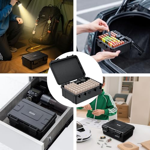 Hard Shell Battery Organizer Holder with Small Battery Tester, IP68 Waterproof Multi 82 Slots Batteries Vault Case for 40 AA & 12 AAA & 12 CR2032 CR2025 & 18 LR44 Button Cell/2 D Size Batteries Case - size: (1 PACK)Battery Organizer for AA AAA CR2032 & Mo