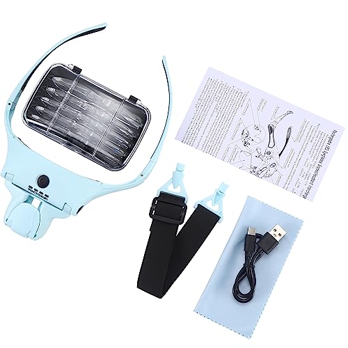 YOCTOSUN Magnifying Glasses with Light for Close Work, Head Magnifier with 4 LED Lights and 5 Detachable Lenses 1X to 3.5X,Rechargeable Hands Free Headband Magnifier Glasses for Crafts, Hobby - color: Light Blue
