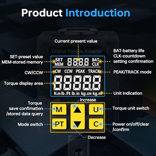 Heavy-duty Digital Torque Adapter, (±1% Accuracy, 40-300Ft-lb), 1/2" Digital Torque Wrench Adapter for Auto, Versatile Meter - Alert | Peak/Track | Preset | Store/Delete, for Machinery Repairs(406N.m) - style: 1/2' Drive 40-300 Ft-lb