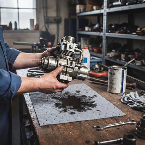 Tigeen 2 Roll Oil Absorbent Pads 15 in x 50 ft Gray Absorbing Mat with Tear Lines Cut to Fit Sheets for Garage Floor Automotive Maintenance Home Basement Spill Cleanup and Leak Drip Protection