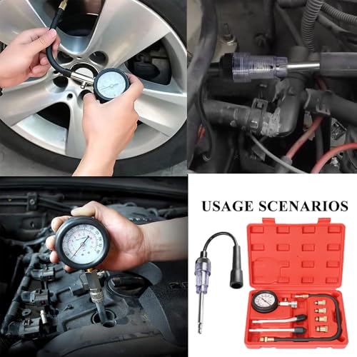 Automotive Compression Tester Kit with Spark Plug Tester,Compression Tester Petrol 0-20 Bar & 0-300 psi, Car Compression Tester for Engine Compression Test Measure Car M10 M12 M14 M18 - color: red