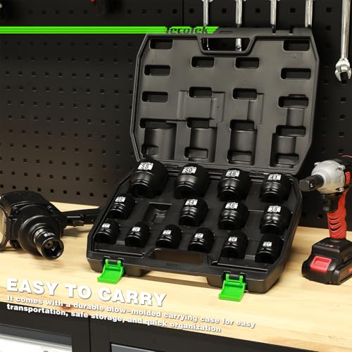 TecoTek 3/4" Drive Shallow 6-Point Impact Socket Set, 15-Piece Heavy Duty Impact Socket Set, CR-MO, Metric (17mm to 55mm), Enhanced Storage Case - size: 15PC Metric (0.67" to 2.17")