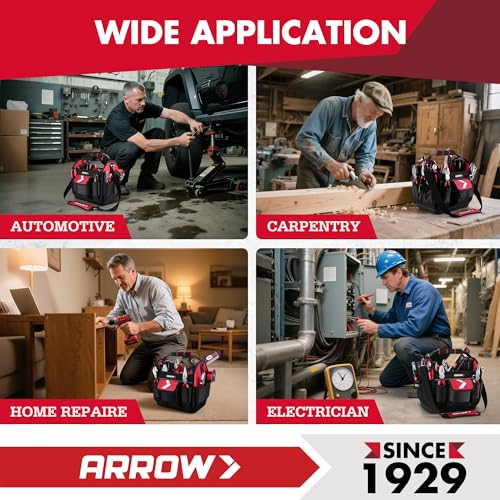ARROW 12" Tool Tote with Waterproof Hard Base, Electrician Tool Bag | 19 Pockets, 840D Oxford Fabric, Open Top Tool Bag for Plumber Mechanic HVAC Automotive