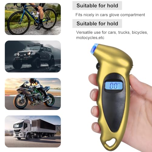 KVAEY Digital Tire Pressure Gauge, 150 PSI 4 Settings Accurate Tire Gauge with Non-Slip Grip, Backlight LCD Tire Pressure Gauge Reader Checker Tool for Car Truck Bicycle Motorcycle (Golden) - color: Golden