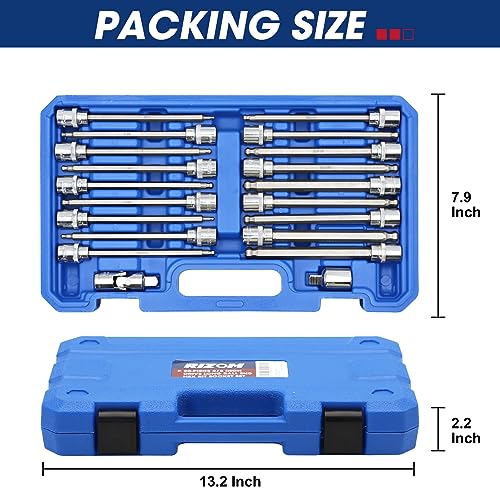 Rizom 3/8" Drive Long Allen Socket Set, 20-Piece Ball-End Hex Bit Set | S2 Steel Ball End Head Socket, 5.5" Extra-Long SAE & Metric Hex Bit Set (1/8-3/8 in., 3-10 mm), for Professional Auto Repair - style: Ball end allen hex bit sockets