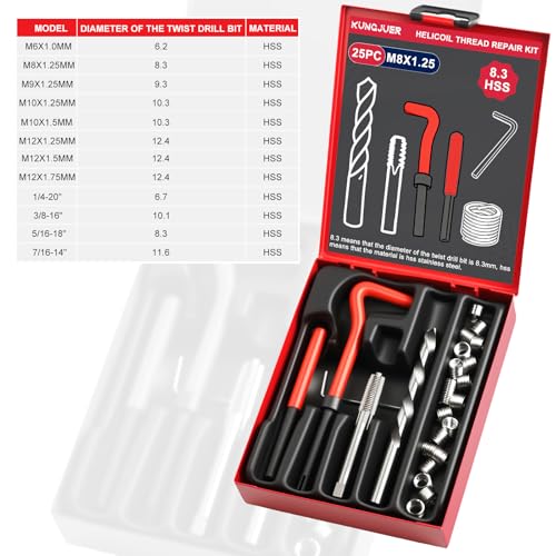 Helicoil Metric Thread Repair Insert Kit, M8x1.25mm Rethreading | Thread Repair kit with HSS Drill Bits, Rethreading Inserts Tool Set for Damaged Thread Repairing with Carry Case