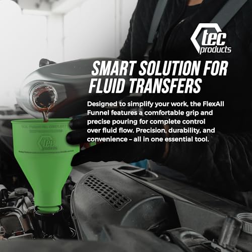 TEC Products FlexAll Long Flexible Funnels - Automotive Oil Funnel with Hose, Durable Nitrile Rubber for Oil Change, Transmission Funnel Fluid, Diesel, Fuel, Gas - Made in USA - Green (16 x 5 Inches) - color: Green, size: Large