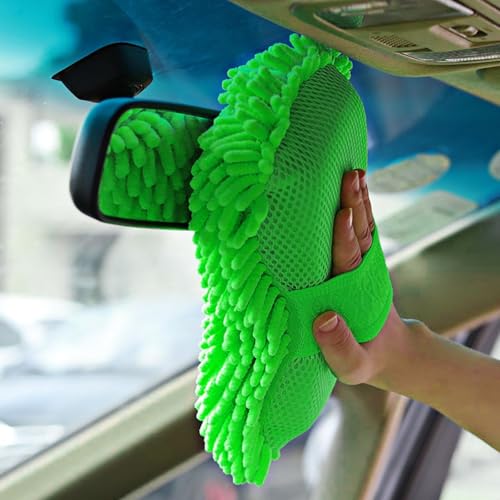 Microfiber Car Wash Sponge, Scratch-Free Vehicle Washing Mitt with Chenille & Mesh Sides, Highly Absorbent Sponge Lint-Free Cleaning Tool for Car Washing & Detailing (Green) - color: Green