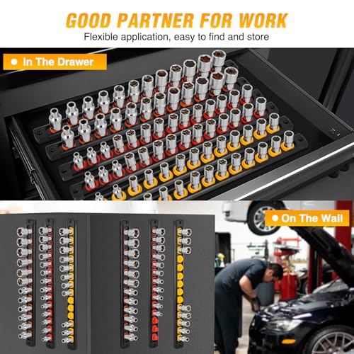 GOOACC Magnetic Socket Organizer 1/4" 3/8" 1/2" Socket Holder Set Heavy Duty Aluminum Socket Rail Organizers for Tool Box Drawer, 6 Pieces Magnetic Socket Rails Holds 80 Swivel Clips Orange Red Yellow - size: Rail Magnetic 6PC 1/4"3/8"1/2"Orange Red Yello