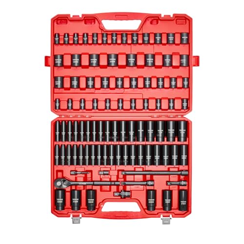 VEVOR 91-Piece 1/2" Drive Impact Socket Set, SAE (5/16" to 1-1/4") & Metric (8 to 32 mm), CR-V, Deep & Shallow, 6 Point, Ratchet Handle, Universal Joint, Adapters, Extension Bars (3, 5, 10 in) - style: 1/2" 91 PCS