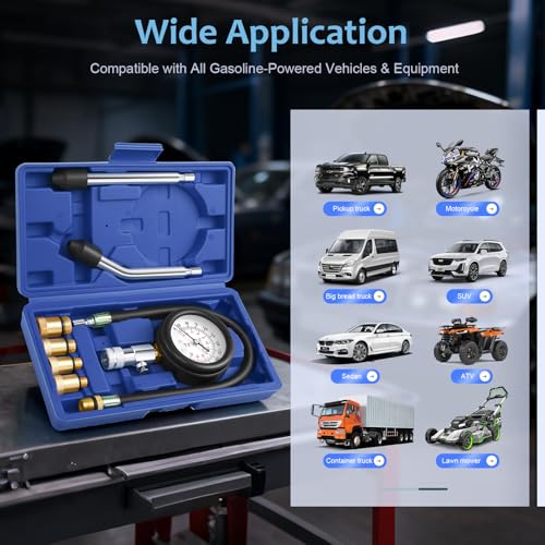 Engine Compression Tester Kit 8PCS, 0-300 PSI Cylinder Pressure Test Tool for Gasoline Engines on Cars, Motorcycles, ATVs & Small Engines with Dual Scale Gauge and Adapters (Blue-8PC)
