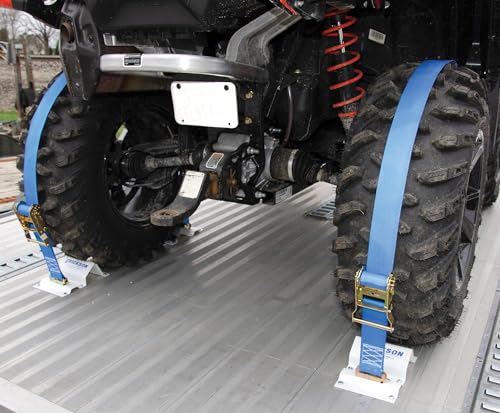 Erickson Wheel Chock Tie-Down Kit, 2 in x 6.5 ft, Single Slotted E-Fitting, Fits 10 in-30 in Tires, 1500 lb Ratchet Straps - Secures ATV, UTV, SxS, Mower & More - style: 2in x 6.5ft - Single Slotted E-fitting