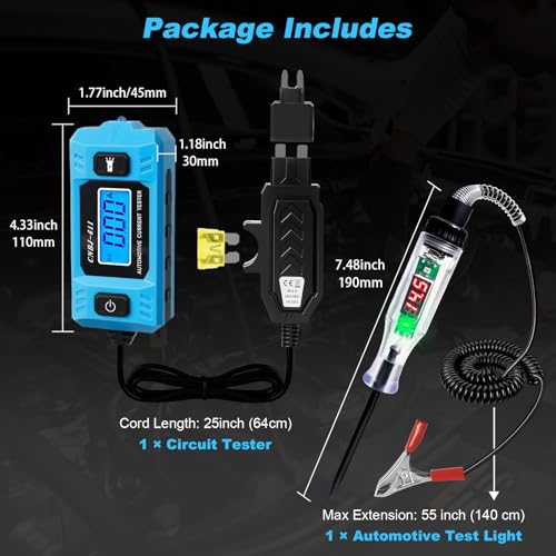 1797 Automotive Circuit Relay Tester & Digital Test Light Kit, Car Electrical 20A 48V High-Precision Blade Fuse Current Checker with LCD, 5–90V Power Probe Voltage Tester (Battery Not Included)