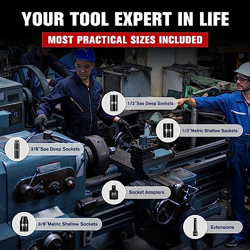 BLACKROBOT 59PCS 3/8" and 1/2” Drive Impact Socket Set, Metric/SAE Deep/Shallow, Cr-Mo, 6-Point, 5/16" to 1-1/4", 6mm - 32mm, Includes Socket Adapter and Extension Bar