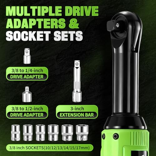 3/8" Extended Electric Ratchet Wrench Set, 12V Cordless Ratchet with Variable Speed, 6 Sockets, LED Light, 1/4" Adapter, 1/2" Adapter, 2.0Ah Battery - style: Extended neck & 1 battery