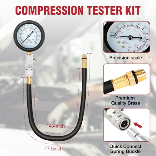 BETOOLL 9pcs Compression Tester with Spark Plug Tester - 300PSI Car and Motorcycle Engine Cylinder Compression Gauge Automotive Tool
