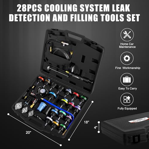 JIFETOR Radiator Coolant Pressure Tester Vacuum Refill Tool Kit, 28PCS Automotive Cooling System Leak Test and Pneumatic Purge Fill Set with Testing Adapter Caps Universal for Airlift Car Auto Truck - color: Black Case