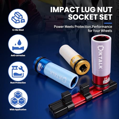 1/2 Drive Lug Nut Socket Set, 3PCS Metric 17mm 19mm 21mm Impact Socket with Removable Protect Sleeves And Bracket, Cr-Mo Steel, 6 Point, Non-Marring Deep Thin Wall Wheel Lug Nuts Socket - color: 3pcs-17mm 19mm 21mm