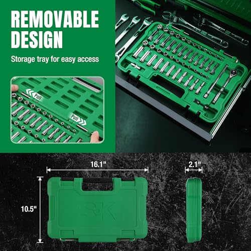 SK 1/4" Drive Socket Set with 216-P Ratchet, SAE & Metric, CR-V Steel | 50-Piece Sockets with Quick-Release Ratchet, SuperKrome Finish, Heat Treated, with Storage Suitcase - size: 1/4" Drive