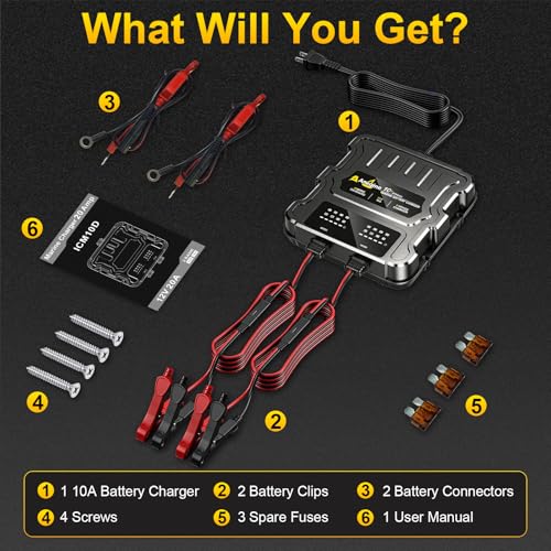 2 Bank Marine Battery Charger, 20A (10A/Bank) 12V IP68 Waterproof LCD Onboard Battery Charger with Overcharge Protection, Battery Maintainer for Lead-Acid, AGM, Gel, LiFePO4, Lithium, Boat, Car, RV