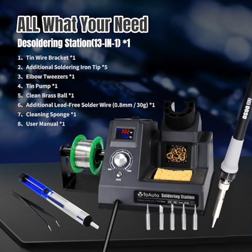 TOAUTO DS90 Soldering Station-°F & °C Dual Digital Display Soldering Iron Station Kit,90W Soldering Iron,302℉- 842℉ Temperature, Anti-Static Design & Grounding Wire, Auto Standby & Sleep,5 Solder Tips
