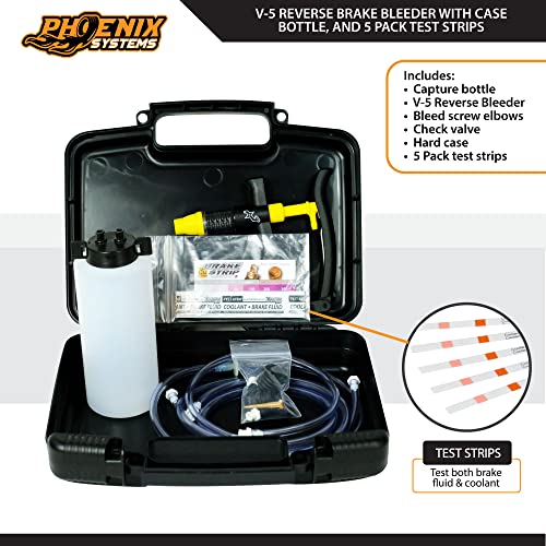 Phoenix Systems V-5 Reverse Brake and Clutch Bleeder (Includes Bottle, Hard Case and 5 Pack Test Strips), One Person, Fits All Makes and Models