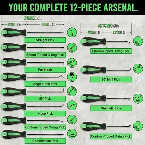 Hook and Pick Set, 12-Piece Professional Pick Tool Kit, High-Strength Chrome Vanadium Steel for O-Ring, Seal & Gasket Removal, Automotive Mechanic Tools with Ergonomic Grip for DIY & Professional Use