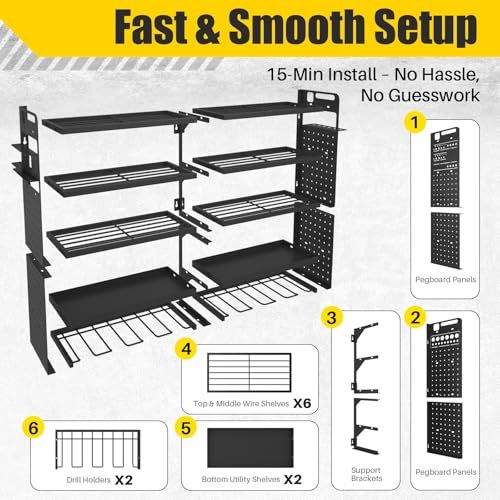Large 5-Tier Power Tool Organizer Wall Mount, 320lbs Load Capacity Garage Storage Rack with 8 Drill Holders, 34" Heavy Duty Metal Utility Shelf, Holds Over 30 Tools for Garage Workshop