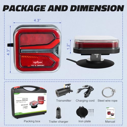 Agrieyes T327 Wireless Trailer Lights Kit, Rechargeable LED Magnetic Tow Light with Flashing Mode, Portable USB-C Tail Light Kit for Truck Camper Boat RV Turn Signal Brake Stop Running IP67 Waterproof - color: red