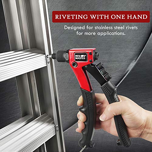NEU MASTER Rivet Gun with 200 Rivets, Heavy Duty Manual Rivet Gun Kit, 4 Tool-free Interchangeable Heads with Carrying Case, One-hand Pop Riveter for Metal, Plastic, Leather & DIY