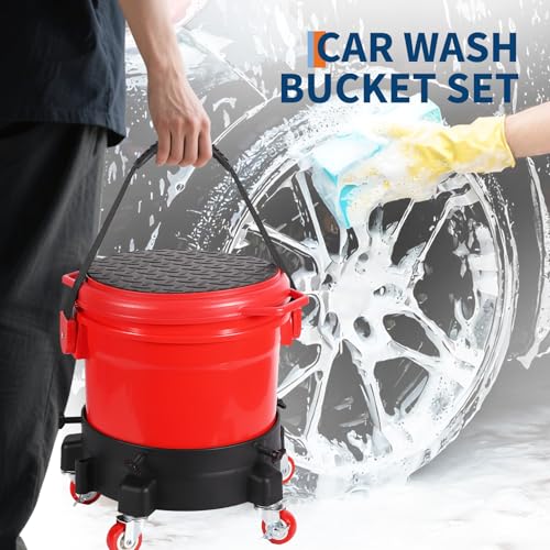 5 Gallon Car Wash Bucket Kit, 300LB Capacity Washing System with 5-Wheel Rolling Dolly, 15.5L Bucket, Grit Trap & Lid, Mobile Detailing Station for Car Wash (Red/Black)