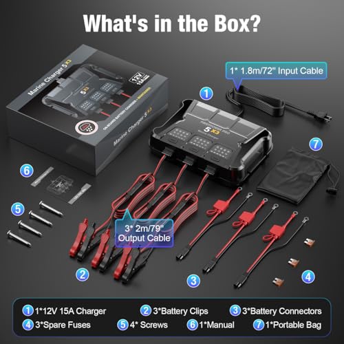 3 Bank Marine Battery Charger 5X3, 15A (5A/Bank) - 15A Onboard Charger, 12V Waterproof Boat Battery Charger, Battery Maintainer for SLA/AGM, Lithium, Calcium - Charged 24/7