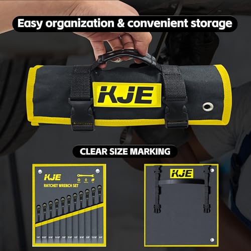 KJE 90-Teeth SAE 180° Flex-Head Ratcheting Wrench Set, Cr-V Steel, 11-Piece SAE 1/4"-3/4" Combination Wrenches set, Nickel Plating, with Organizer Bag, for Auto, Machine Repair, Gift - size: 11PCS SAE 1/4 - 3/4 INCH